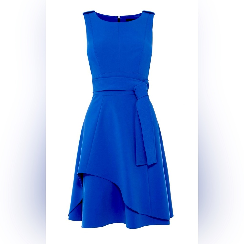 Worn-on-TV Karen Millen sleeveless knee length Blue Belted Dress, Size 4